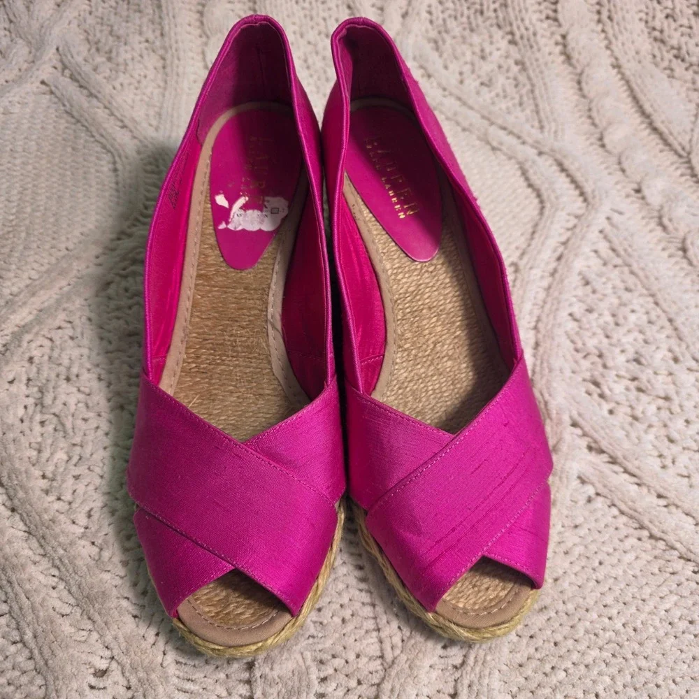 Ralph Lauren Cecilia Espadrille Wedge Heels Hot Pink Silk Peep Toe Womens 8.5B